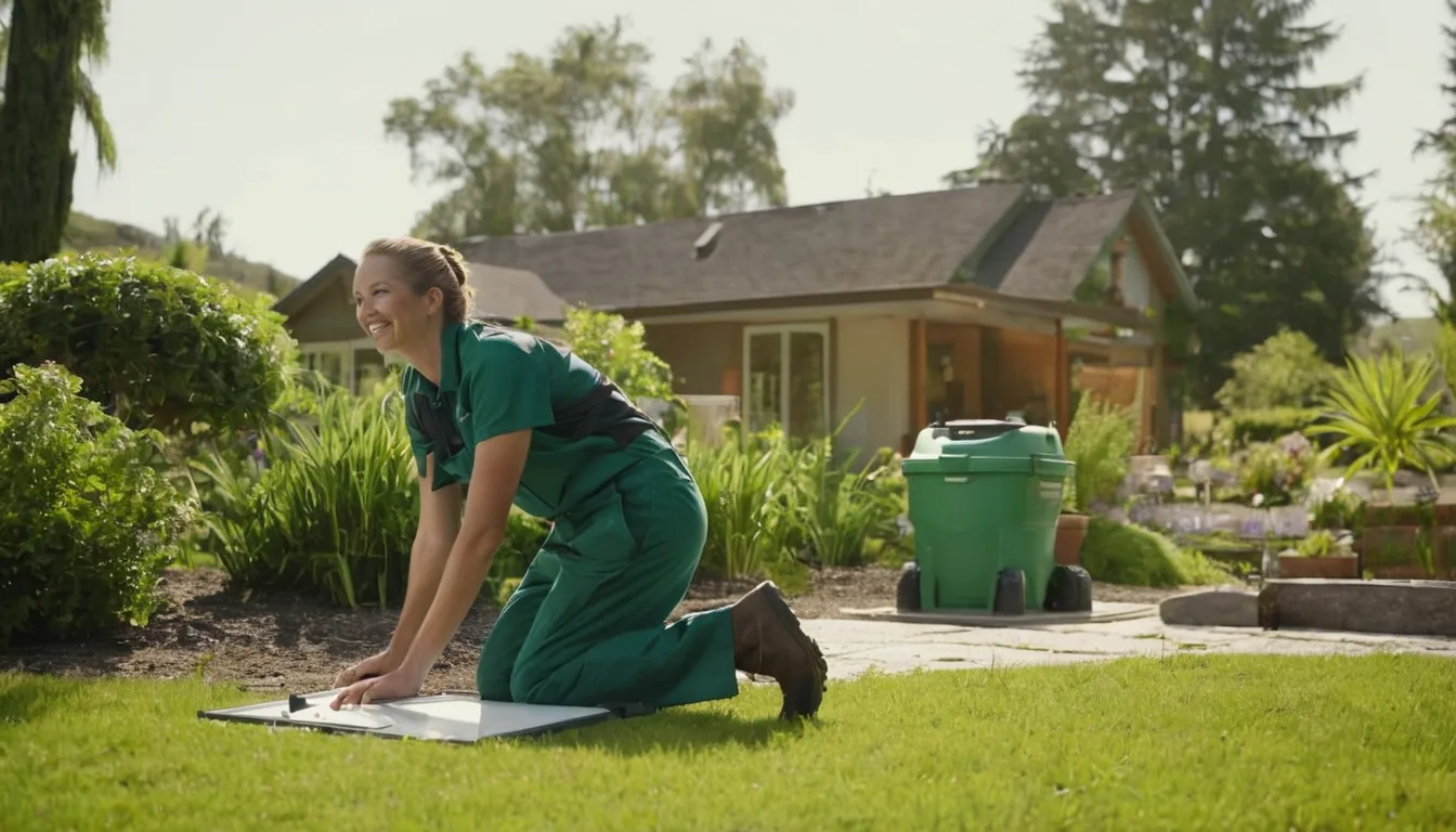 Friendly septic provider talking with a homeowner in a backyard near Millbrook while checking a septic tank access lid